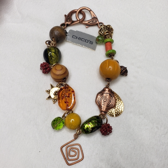 Chico's Anklet / Bracelet 11" Beaded Metal Charms Copper Yellow Green NWT - Picture 12 of 13